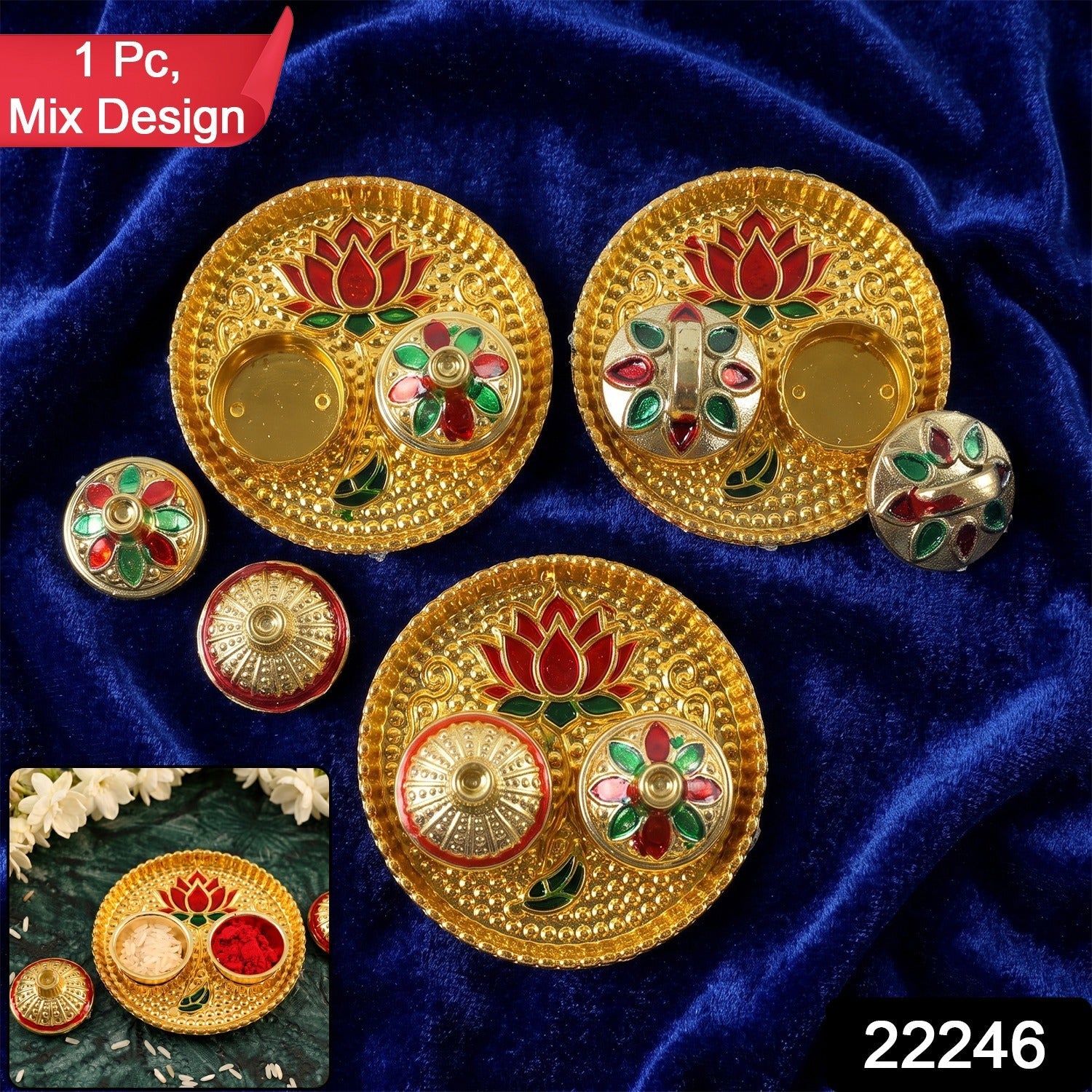 Round Kankavati Kumkum Holder Decorative Pooja Thali with Lotus Design (1 Pc) Secondary image