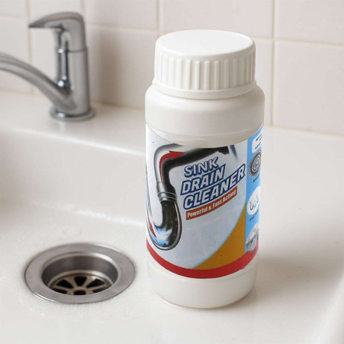 Powerful sink drain cleaner powder in its packaging, ready to tackle tough clogs. Main image