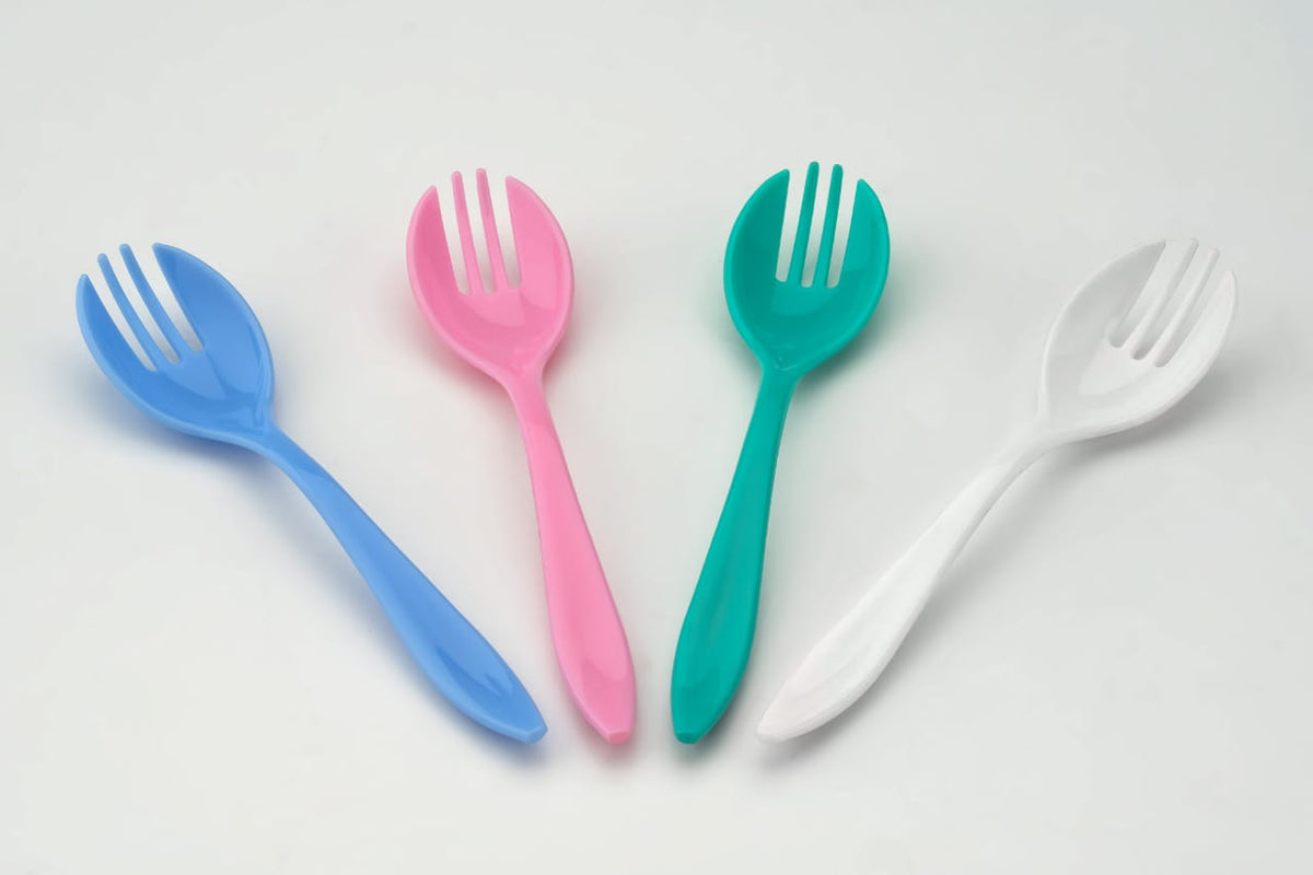 Set of 10 durable plastic dinner forks for family meals. Main image