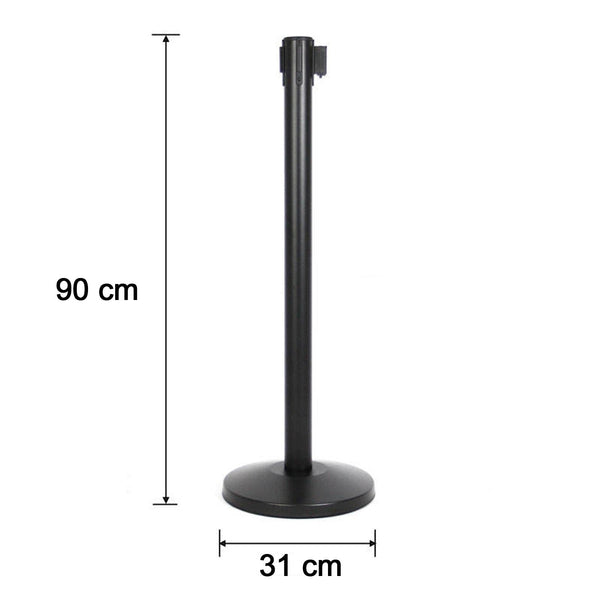 Side view of heavy duty crowd control pole with sturdy base and retractable belt