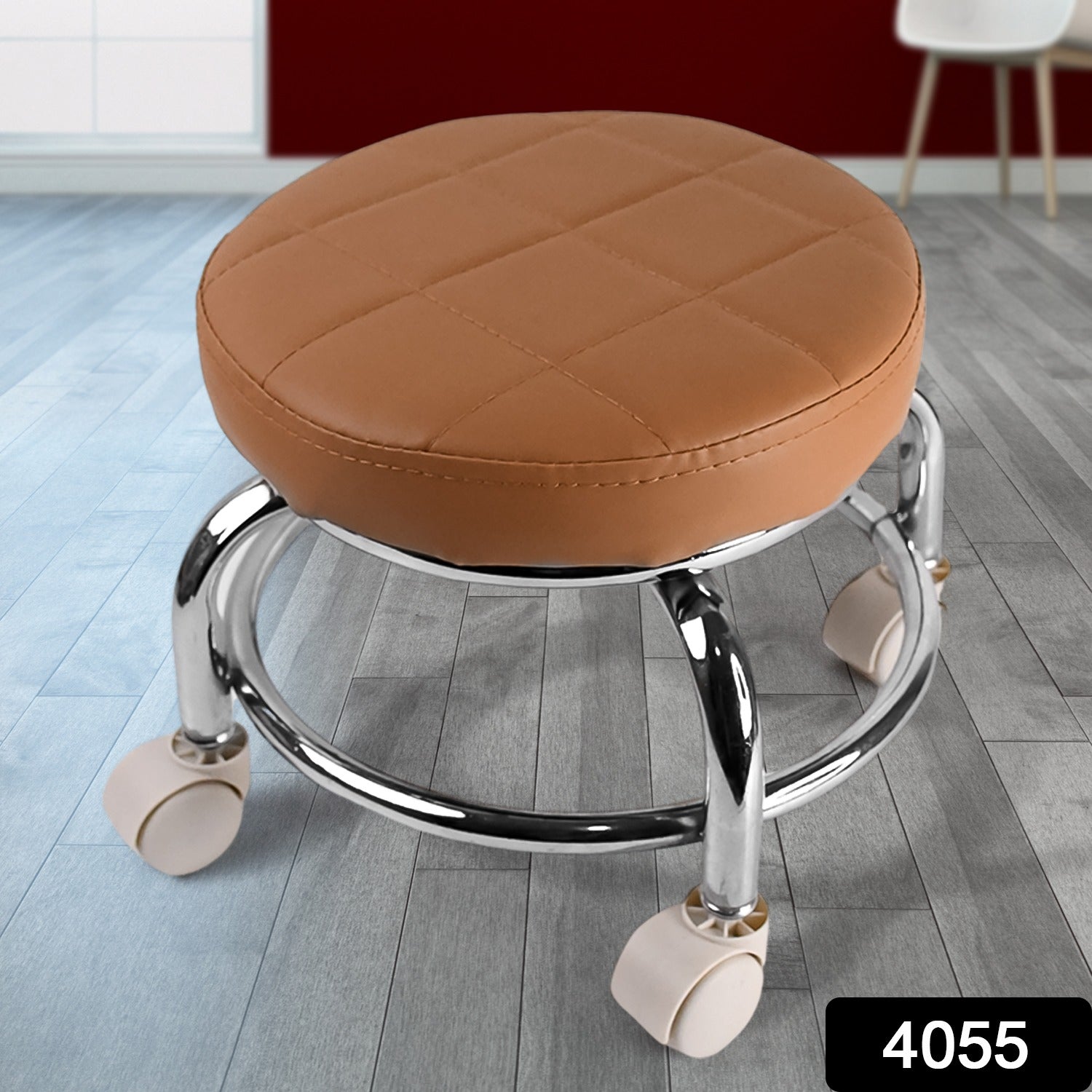 Rolling Stool with Steel Base & Cushioned Seat – Indo Glow Secondary image