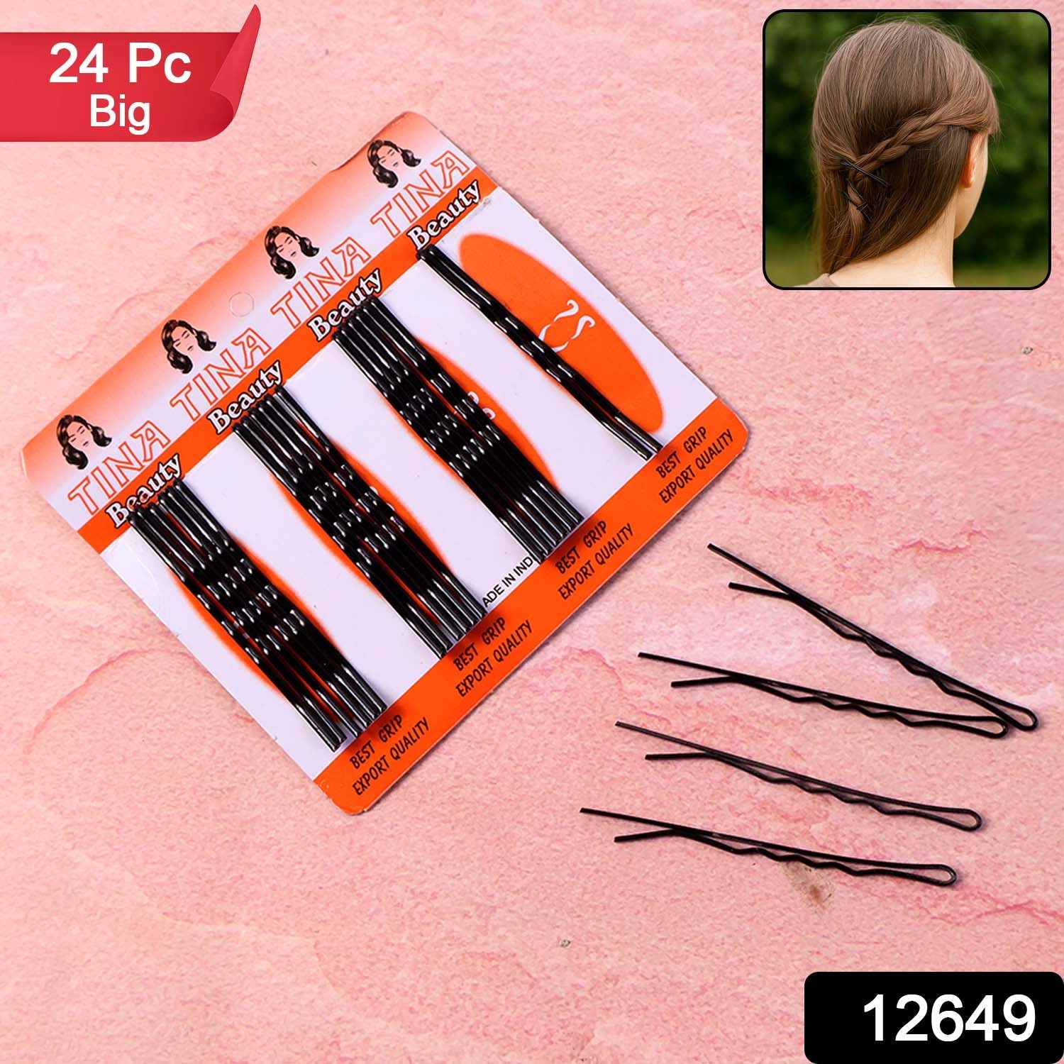 Big Black Hair Bobby Pins – Strong Non-Slip Grip Set of 24 Secondary image