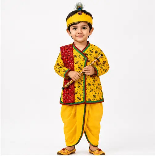 Traditional Krishna Dress for Kids with Printed Kurta, Dhoti Pants, Peacock Feather Headband & Flute, 7-9 Years, 1 Set