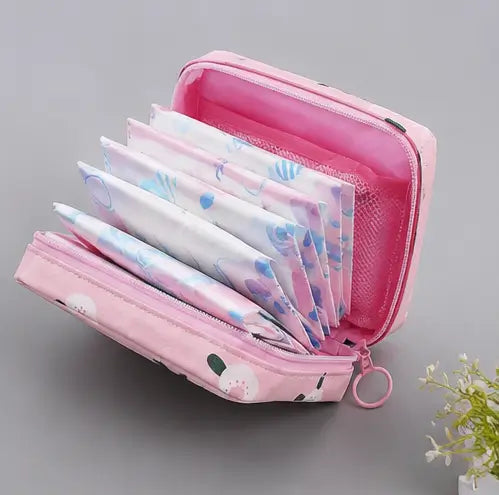 Small Multipurpose Pouch for Women & Girls – Printed Zipper Organizer Bag for Sanitary Pads, Makeup, Cables & Accessories