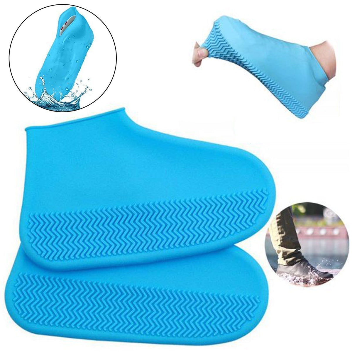 A pair of blue silicone rain boot covers with textured soles, one shown being stretched over a foot, and another in a puddle. Main image