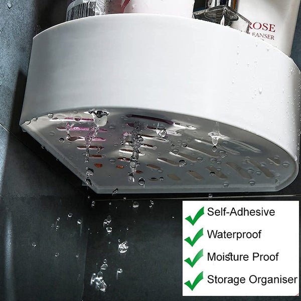 Self adhesive corner shelf holding various bathroom products.