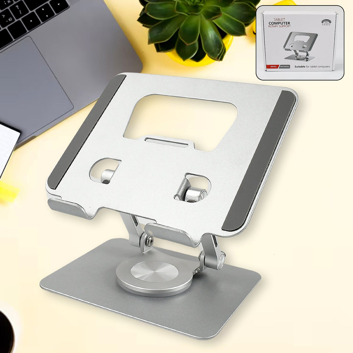 Phonixio adjustable laptop stand in aluminum alloy, showcasing its 360-degree rotation feature. Main image