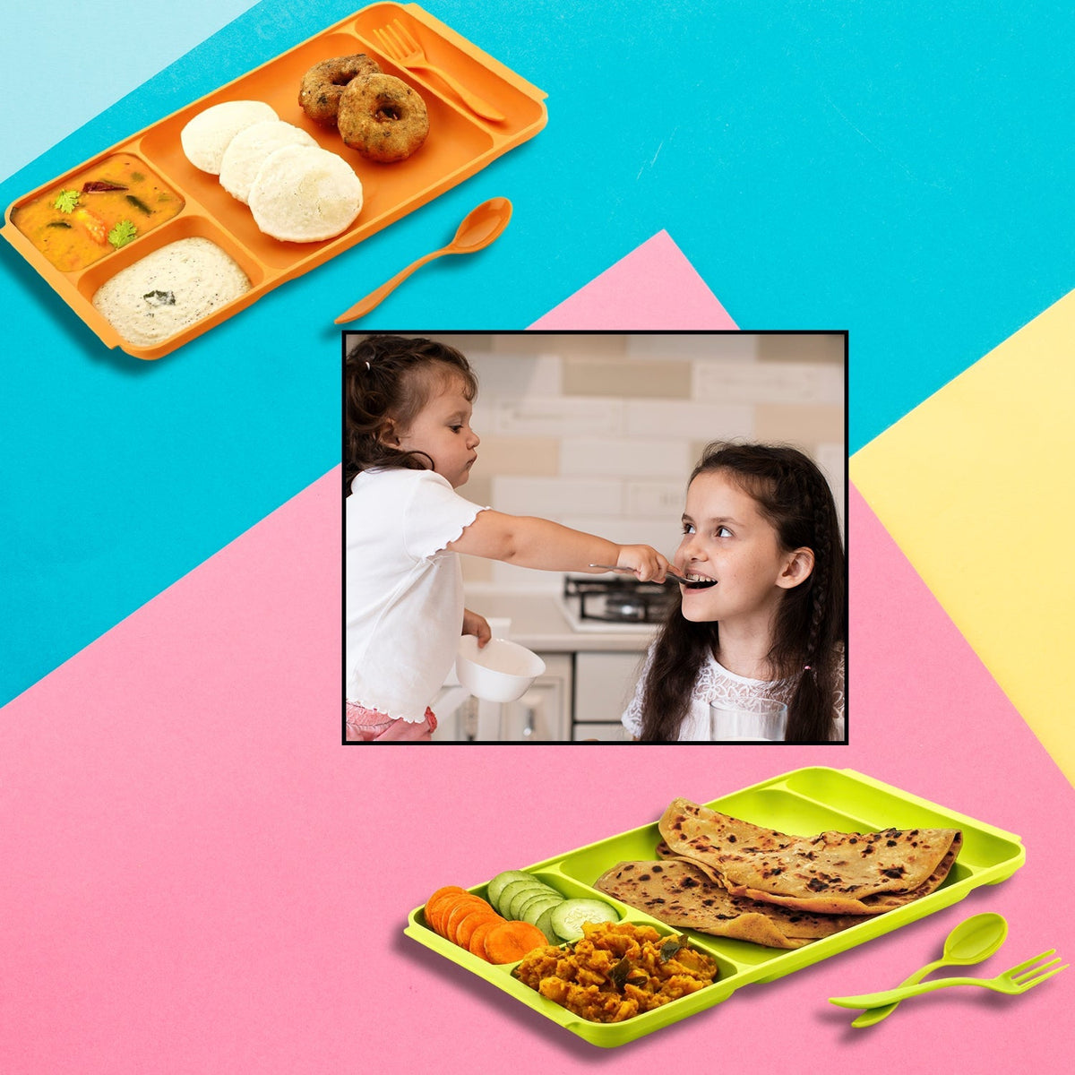 4-Compartment Plate set with spoon and fork for organized meals. Main image