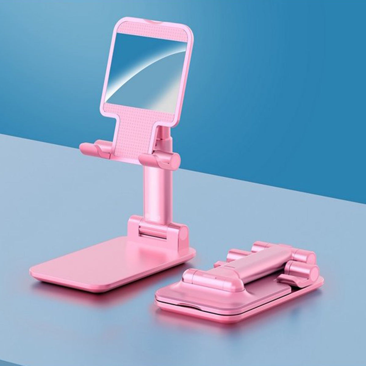 Adjustable phone stand with mirror on a desk, showcasing its compact design. Main image