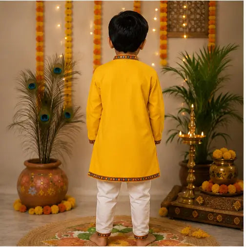 Boys Yellow Little Krishna Printed Cotton Blend Kurta & Lace Work Pyjama Set, 3 Months to 4 Years, 1 Set