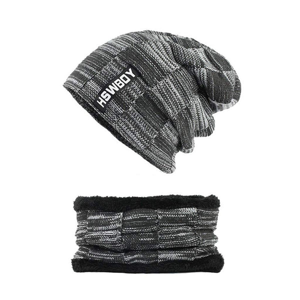 Front view of the comfortable and versatile woolen beanie scarf set.