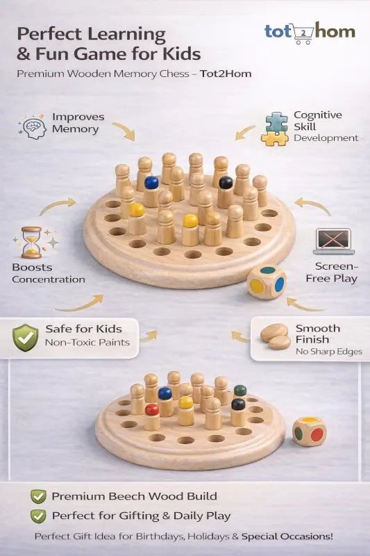 Wooden Memory Match Chess Game for Kids — Montessori Color Matching Board Game | Educational Toy | 2–4 Players | Age 3+