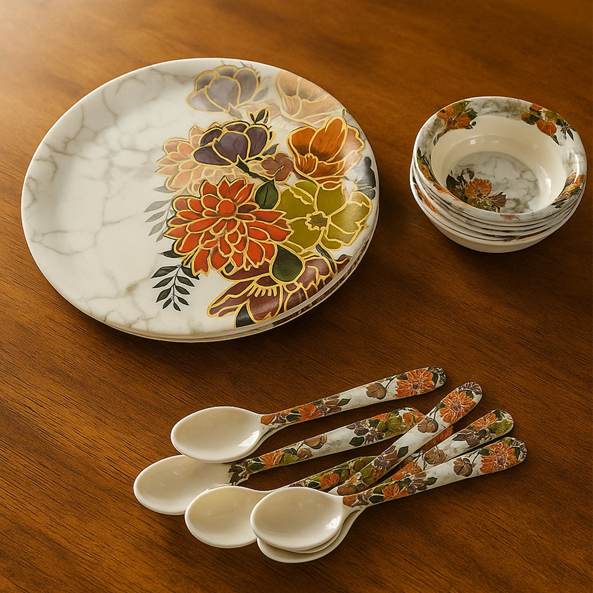 18-piece plastic dinner set with floral design, showing plates, bowls, and spoons. Main image