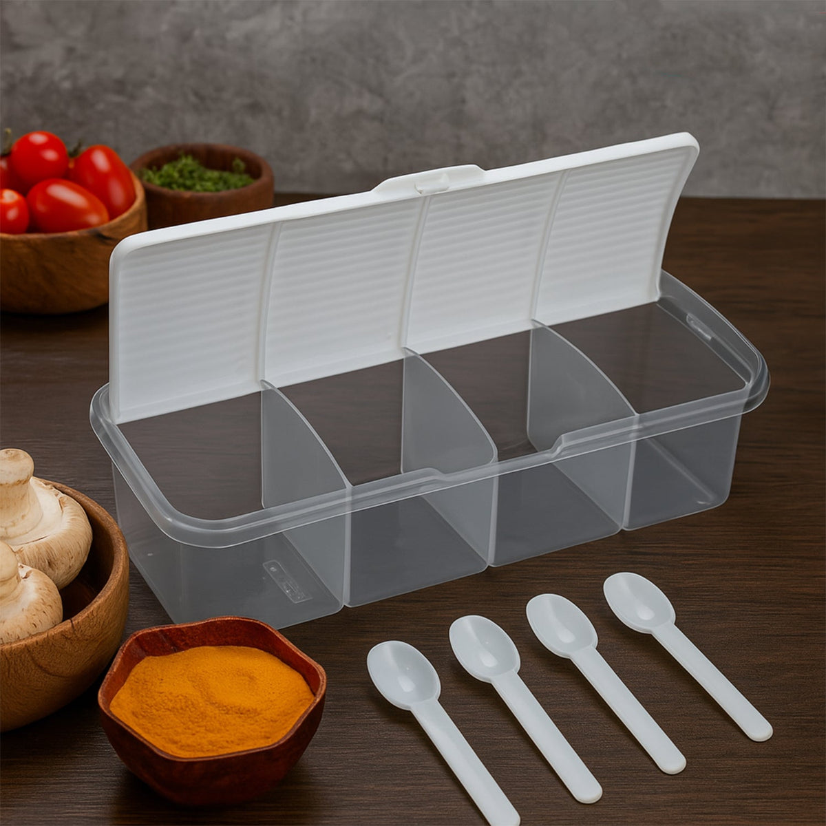 Tidy Table Airtight Masala Box with 4 sections and individual spoons. Main image