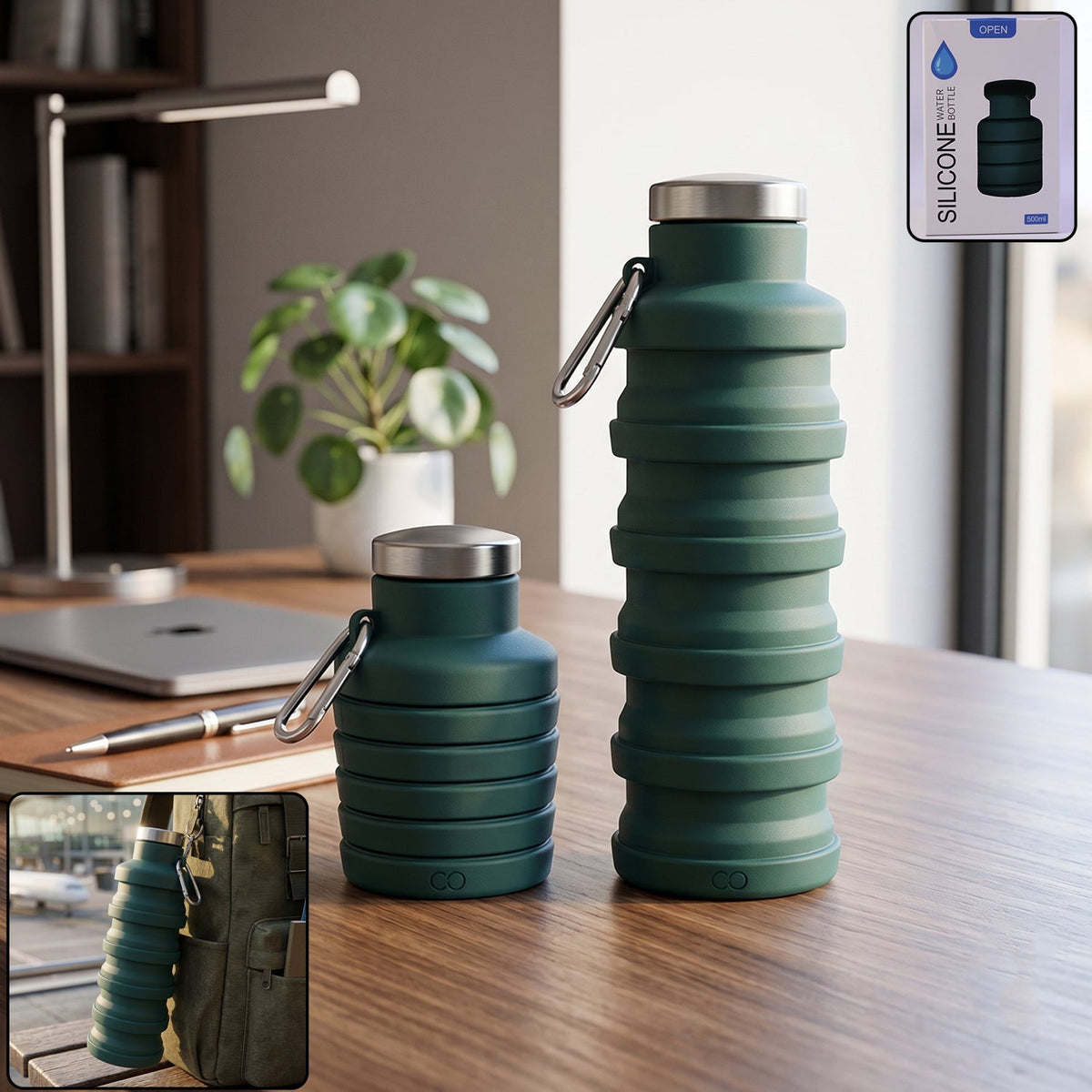 Green silicone foldable water bottle, 500ml for travel and sports Main image