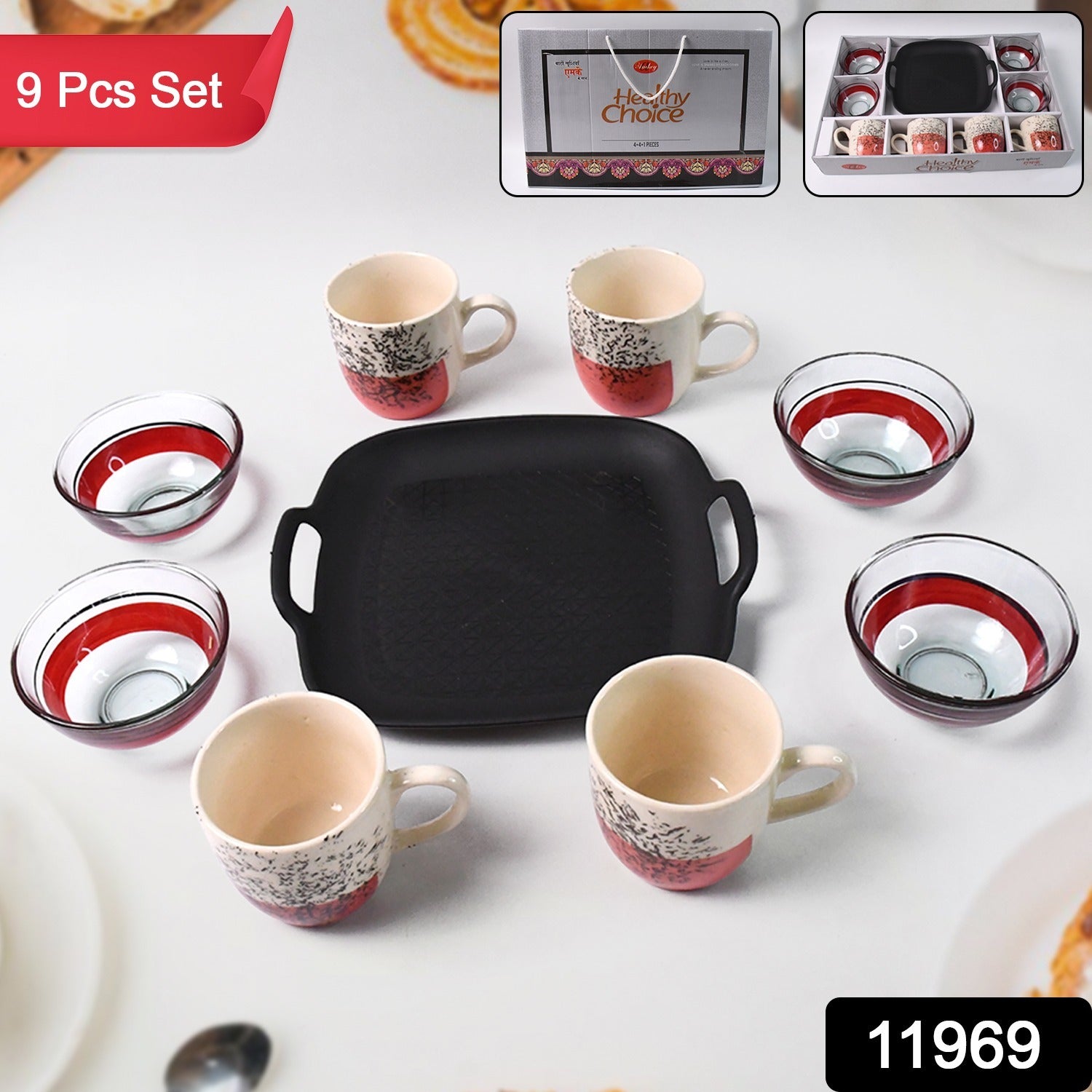 Ceramic Cup and Glass Bowl Set – Stylish 9-Piece Dining Combo Secondary image