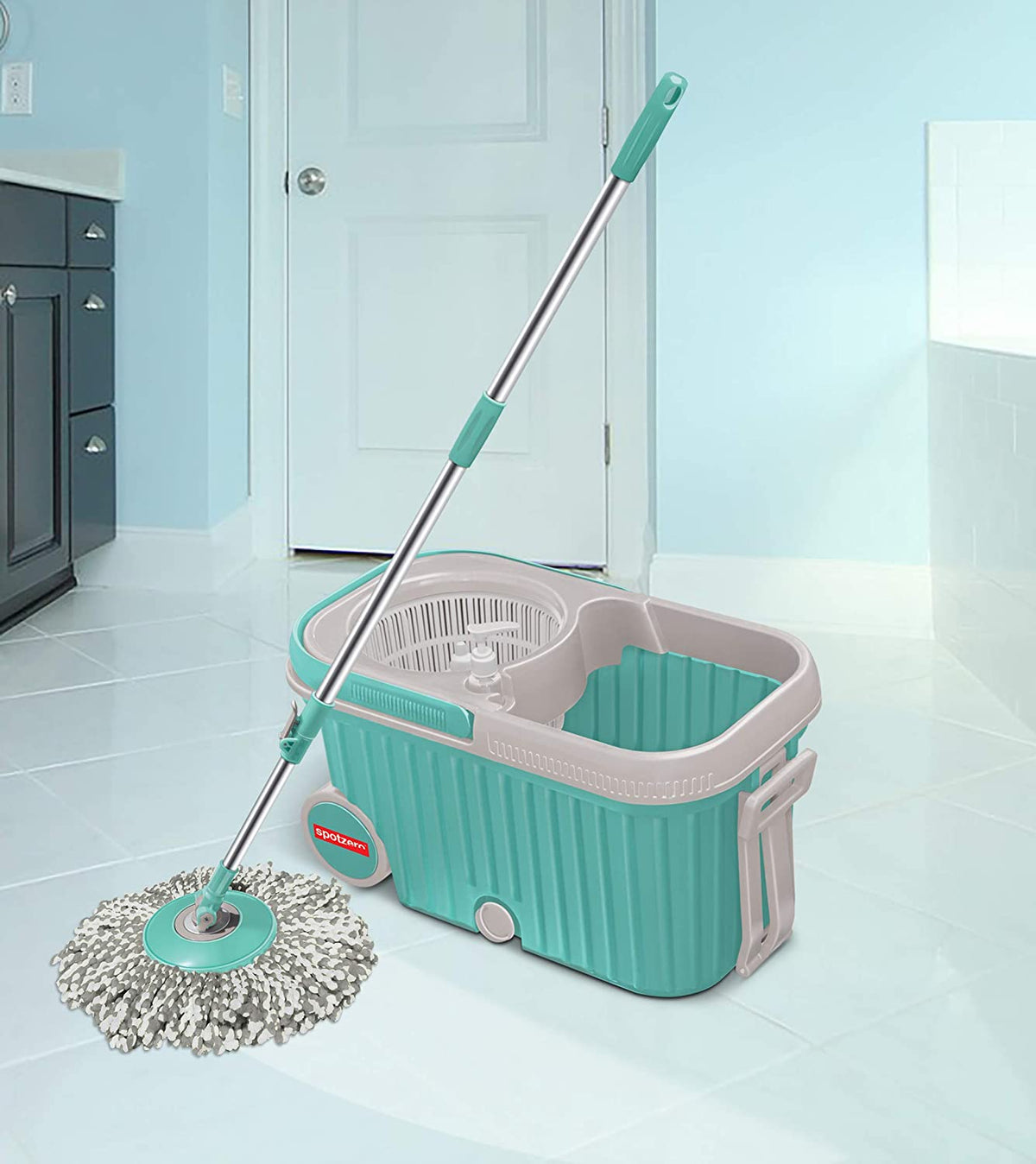 Ganesh 360 Spin Mop with Wheels, showcasing auto-fold handle and microfiber head. Main image