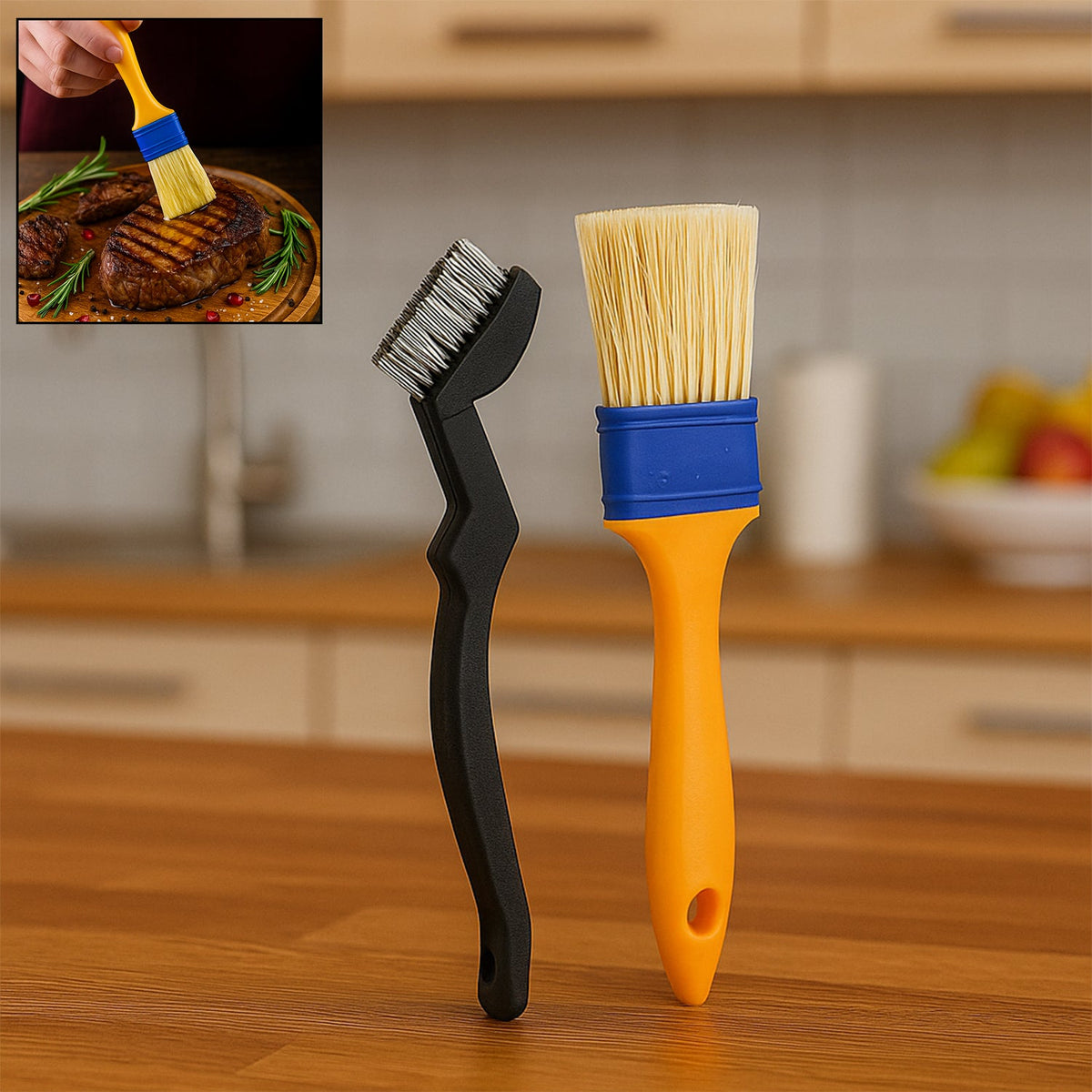 Two basting brushes, one with red handle and one with blue, for cooking and baking. Main image