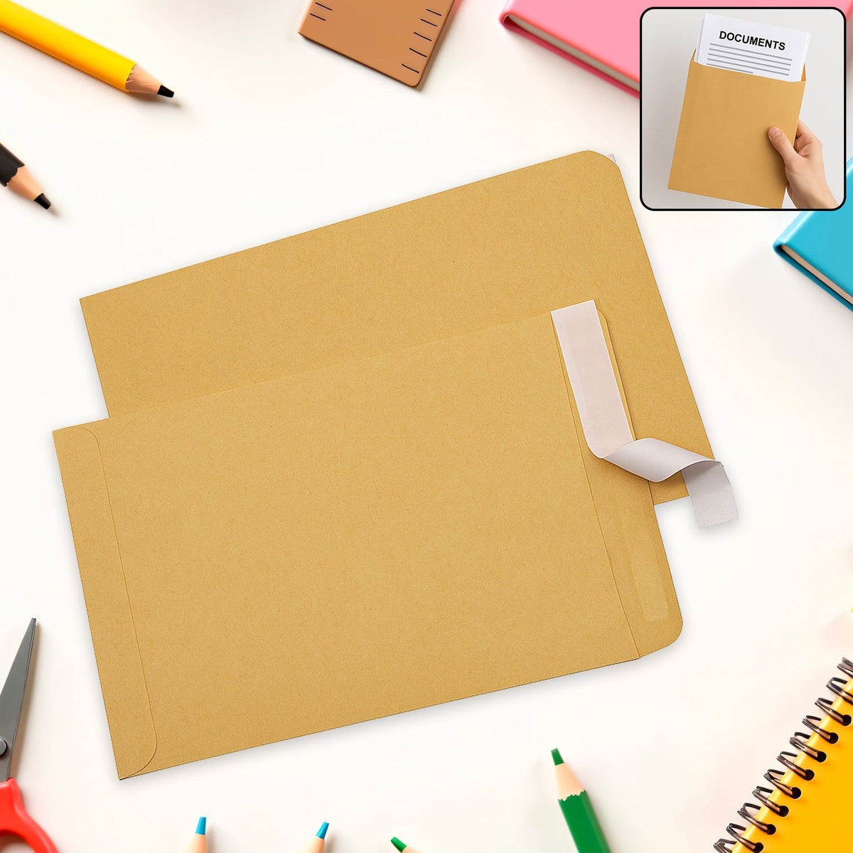 Brown Kraft Envelopes, 16x14 inches, stacked neatly on a wooden surface. Main image