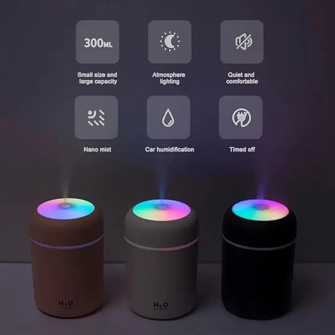 H2O 300ml Ultrasonic Humidifier – Portable Mist Maker with Colorful LED Light for House