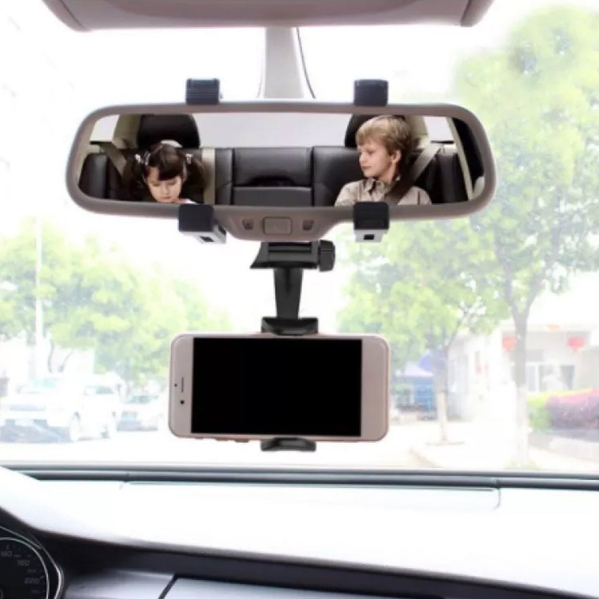 Car Rear View Mobile Holder securely gripping a smartphone. Main image