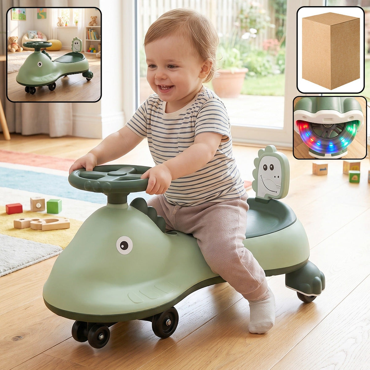 Kids dinosaur swing car ride on toy with music and steering wheel (1 pc) Main image