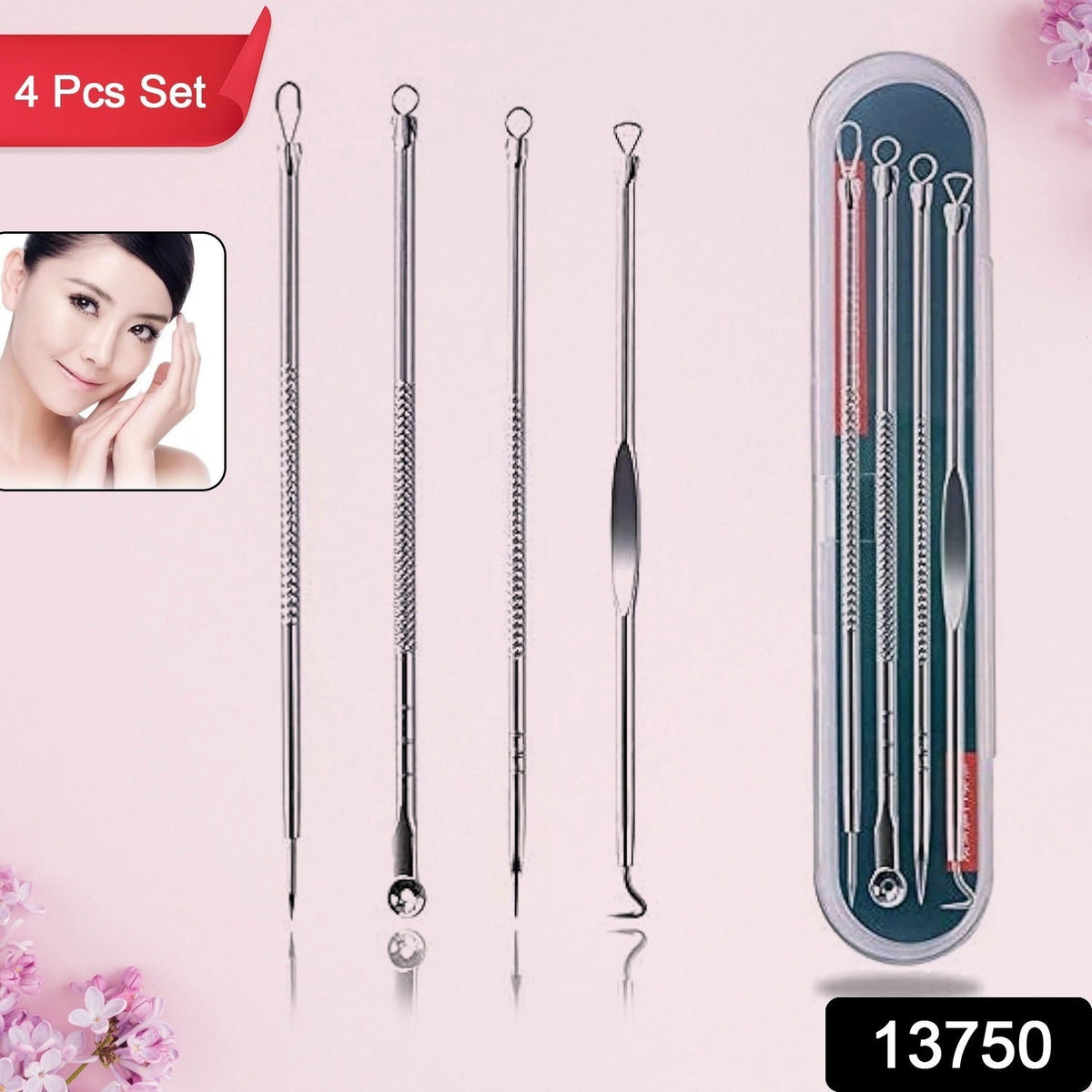 Blackhead remover tool set featuring 4-in-1 stainless steel extractor with portable case Main image