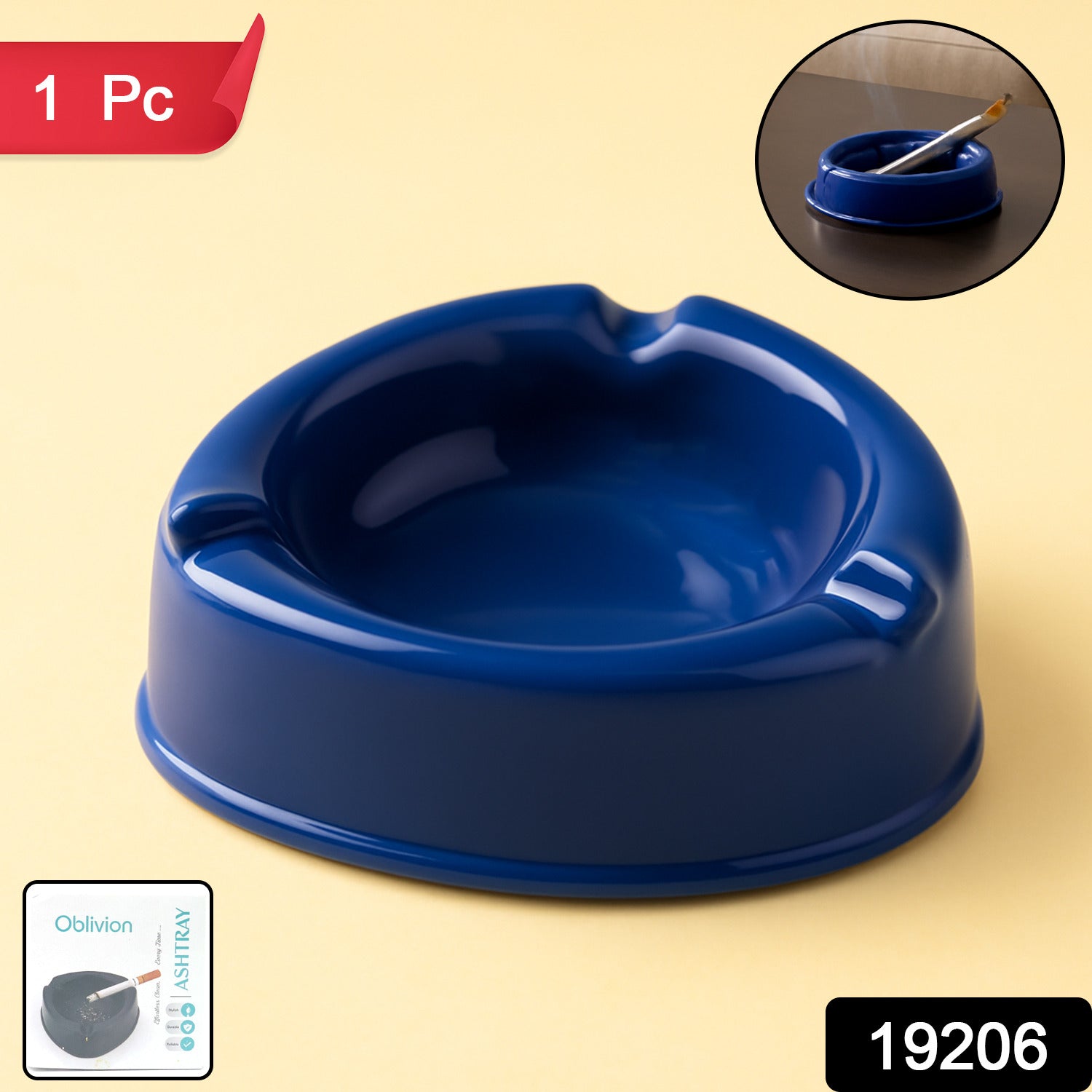 Dark Blue Plastic Ashtray – Durable Smokeless 3-Slot Design Secondary image