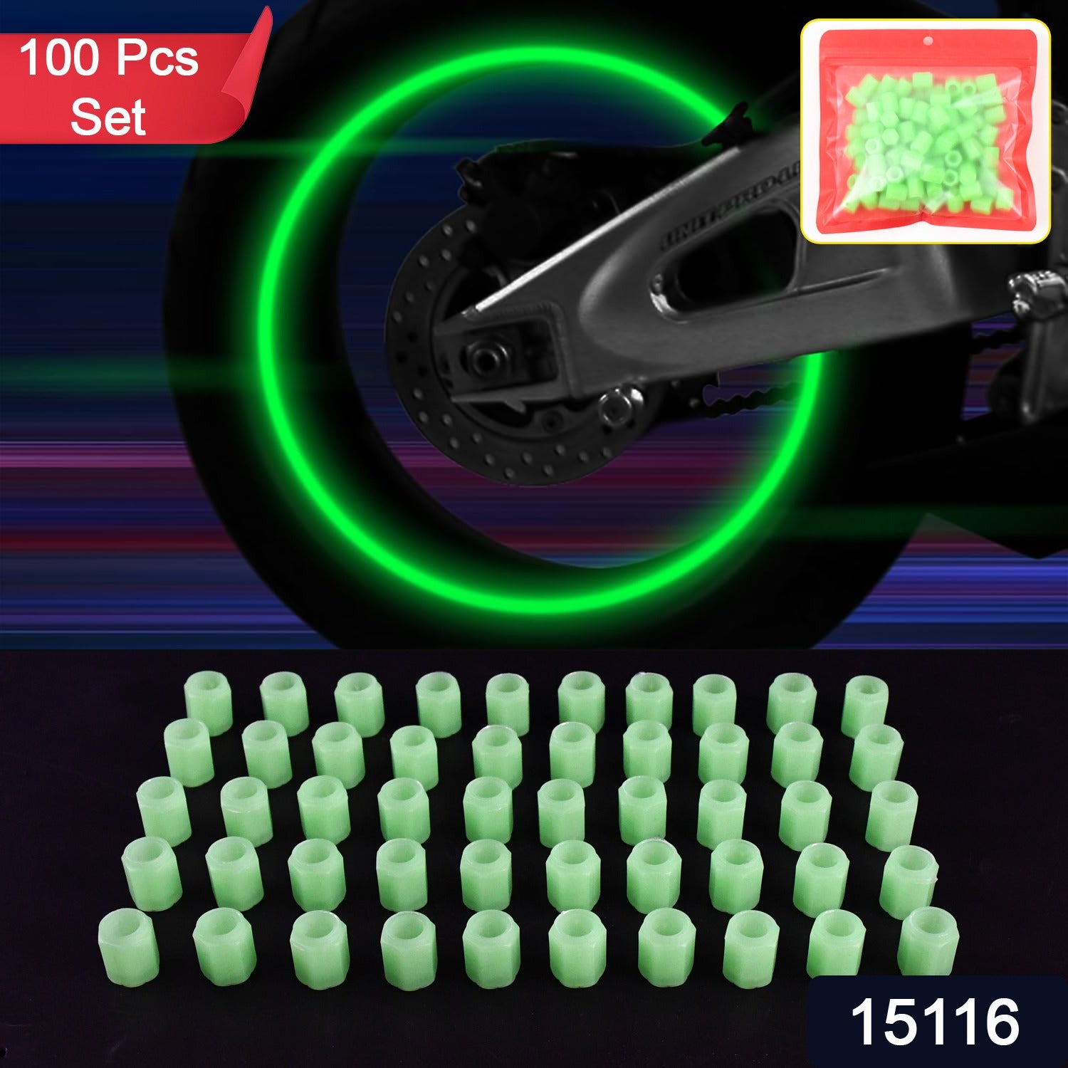 Luminous Glow Tyre Valve Caps 100 Pcs Set – Durable ABS | Velvet Wheels Secondary image
