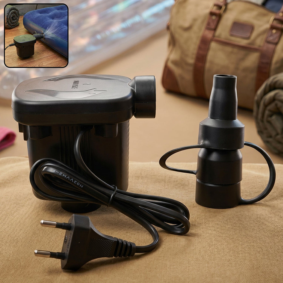 Electric air pump inflator deflator with three nozzles for various inflatables. Main image