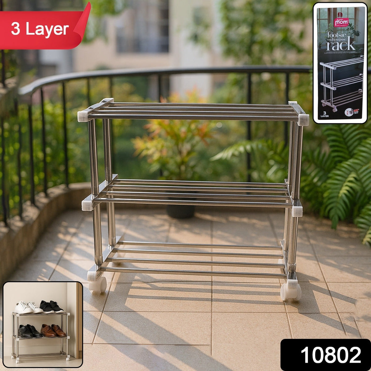 Compact 3-layer stainless steel shoe rack for multipurpose storage Main image
