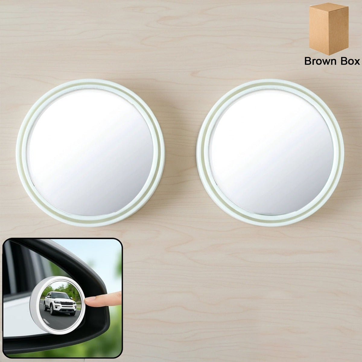 White round car blind spot mirror attached to side mirror enhancing rear view Main image