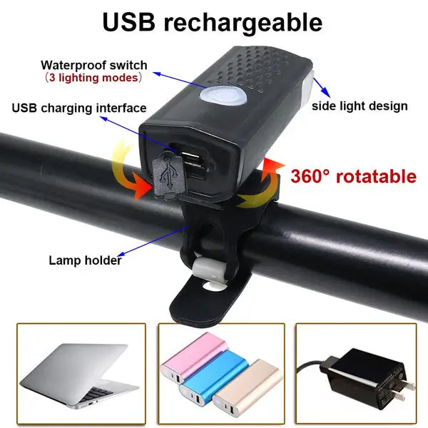 USB Rechargeable 400 Lumen Bicycle Front Headlight Cycle Light Set
