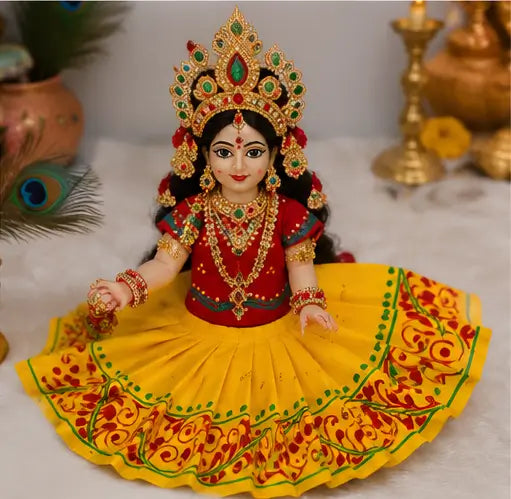Hand Painted Laxmi Ma Saree with Blouse, Yellow Cotton Saree, Traditional Bengali Puja Dress, 1 Pc