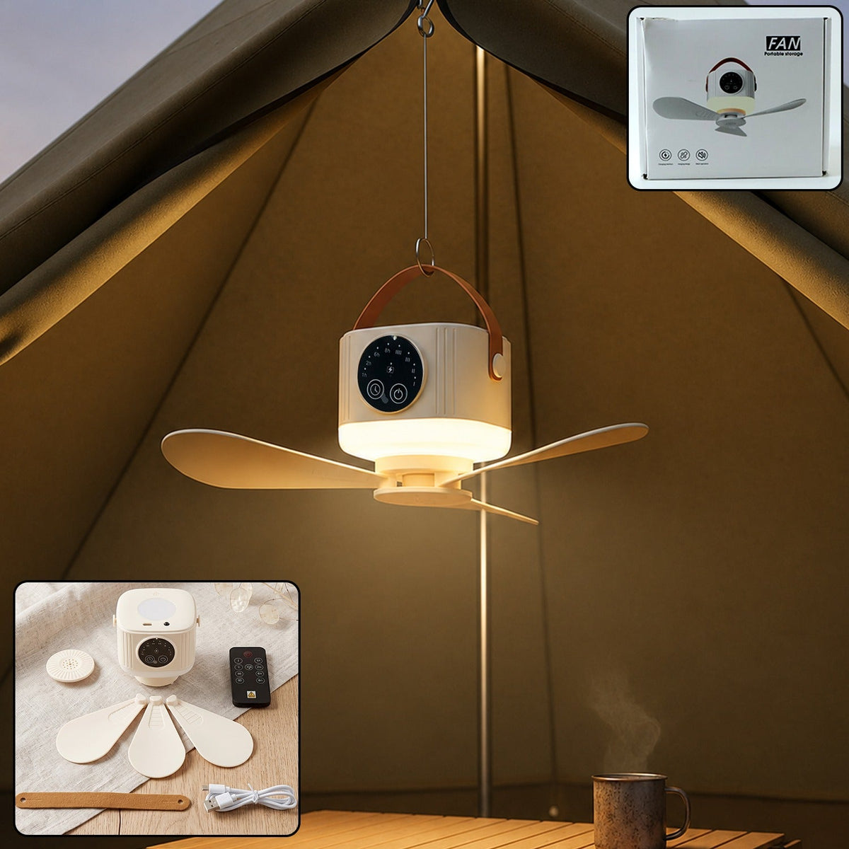 3 in 1 rechargeable camping fan with LED light, timer and hanging hook (1 pc) Main image