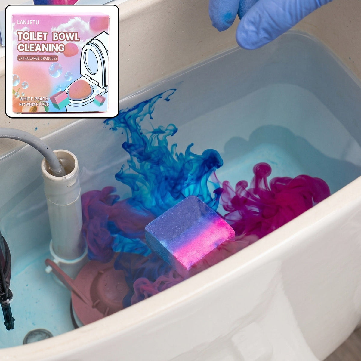 Dual colour toilet bowl cleaning block for automatic flush tank cleaning. Main image