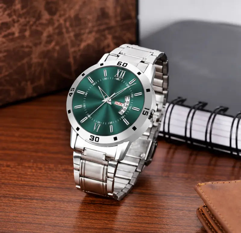 Men’s Analog Watch – Olive Green Dial with Stainless Steel Strap | Day & Date Display Quartz Wristwatch Main image