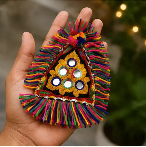 Handmade Navratri Triangle Hath Panja – Boho Mirror Work Haathphool with Cowrie Shells & Ghungroo, Pack of 2