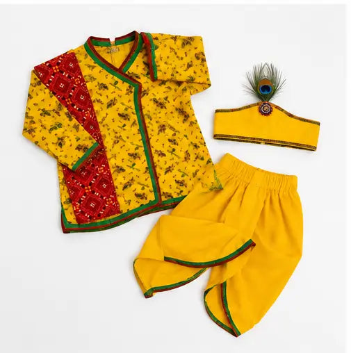 Traditional Krishna Dress for Kids with Printed Kurta, Dhoti Pants, Peacock Feather Headband & Flute, 7-9 Years, 1 Set