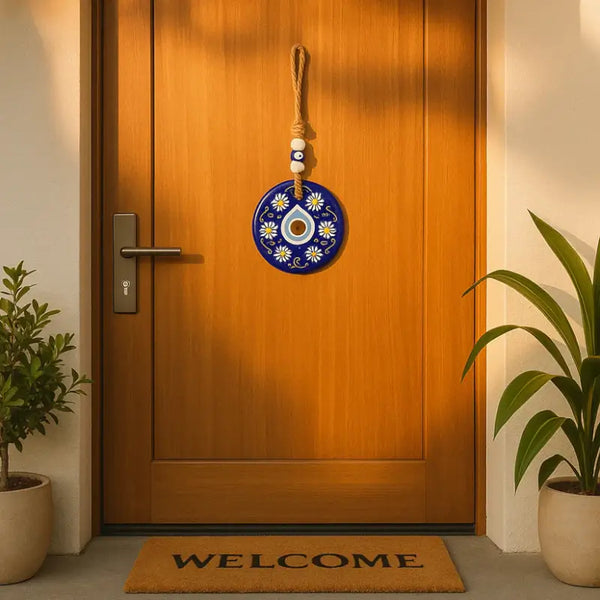 Decorative Evil Eye Wall Hanging Nazar Protector Charm with Beads Blue Glass Design for Home, Office, Car & Entrance Vastu Feng Shui Decorative Ornament