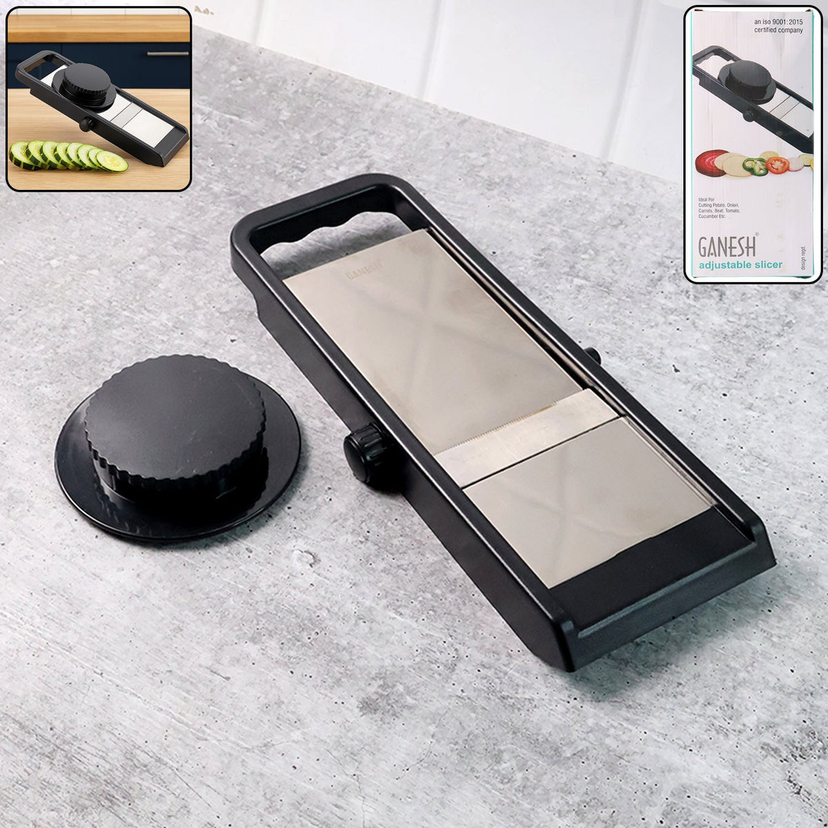 Adjustable vegetable slicer with stainless steel blade in use Main image