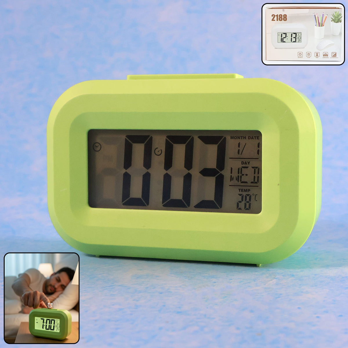 Digital alarm clock showing time, date, day, and temperature clearly on display Main image