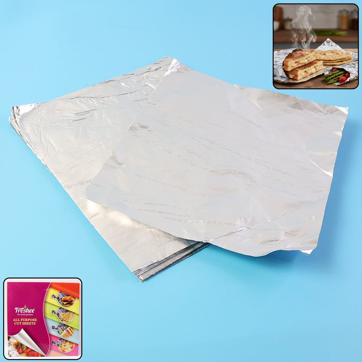 Pack of 50 aluminium foil cut sheets 220×250 mm for food wrapping Main image