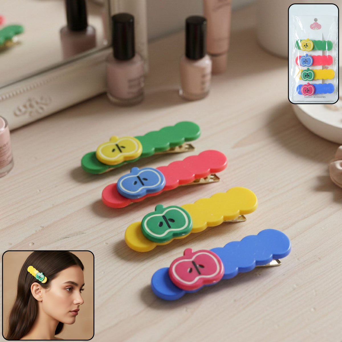 Colorful apple design hair clip securing girl's hair neatly Main image
