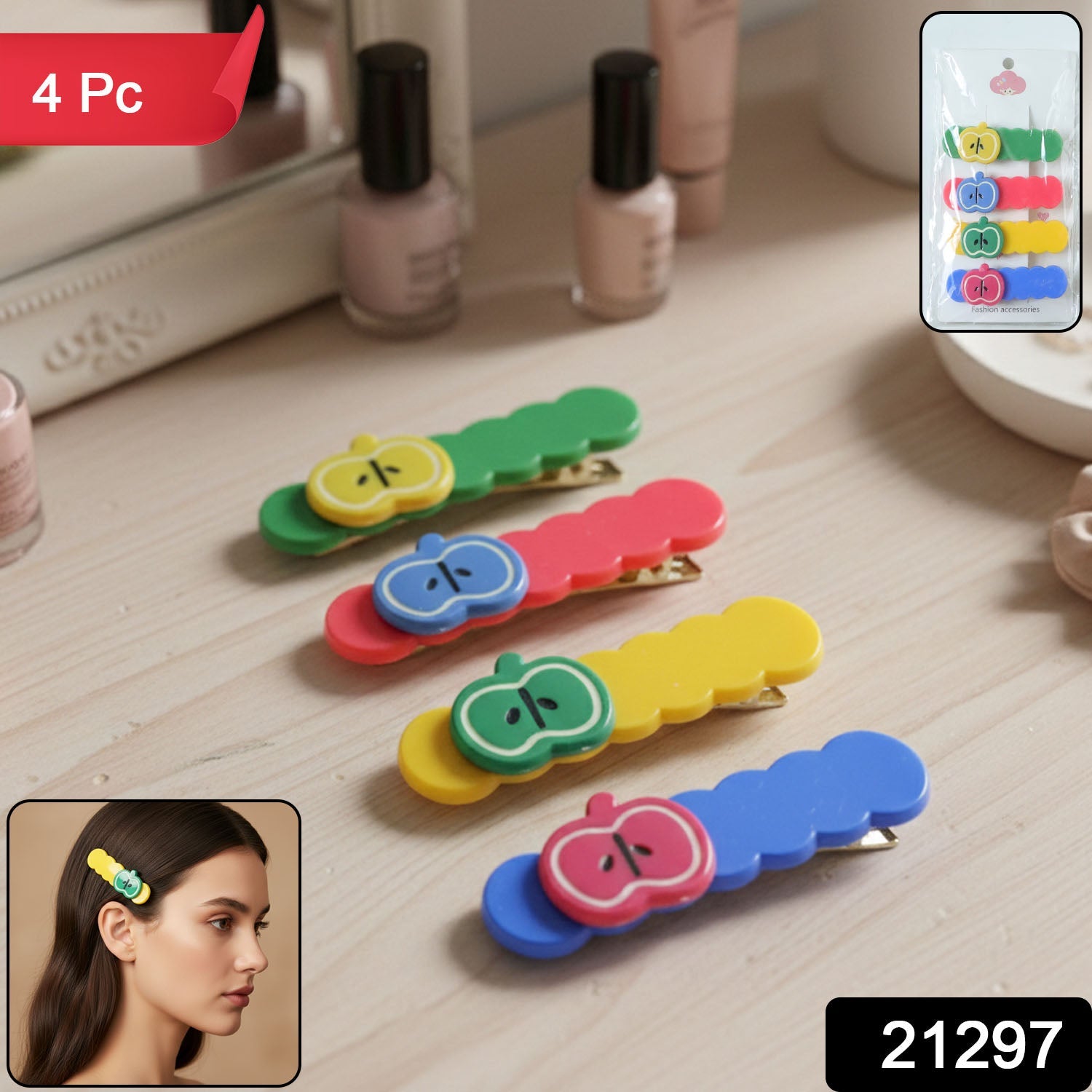 Apple Design Hair Clips, Colorful 4-Pc Set for Girls Secondary image