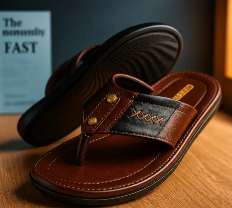 Goodreed Men's Brown Leather Flip Flops – Premium EVA Sole Casual Thong Slippers for Daily Wear Main image