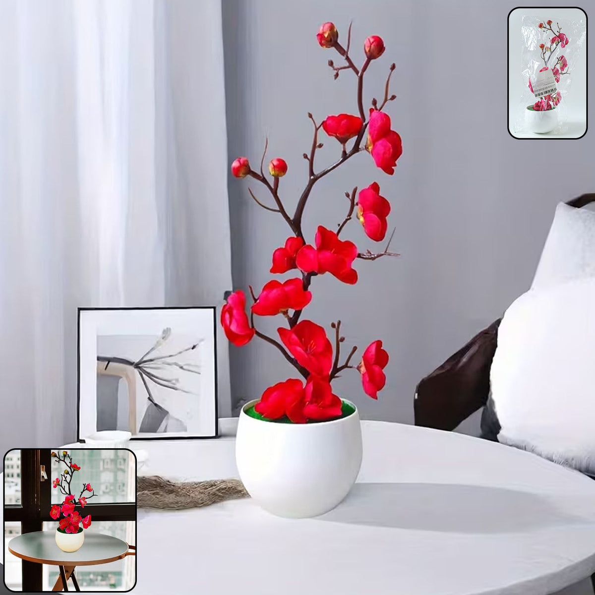 Artificial flower pot plant with decorative blossoms on tabletop Main image