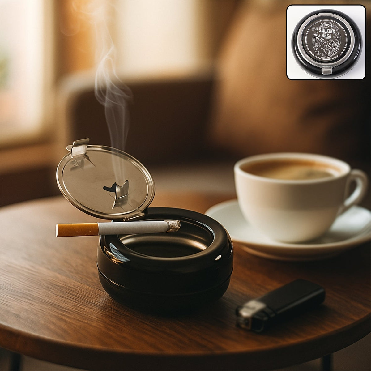 Round smokeless ashtray with lid in modern design Main image