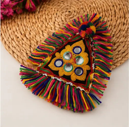 Handmade Navratri Triangle Hath Panja – Boho Mirror Work Haathphool with Cowrie Shells & Ghungroo, Pack of 2