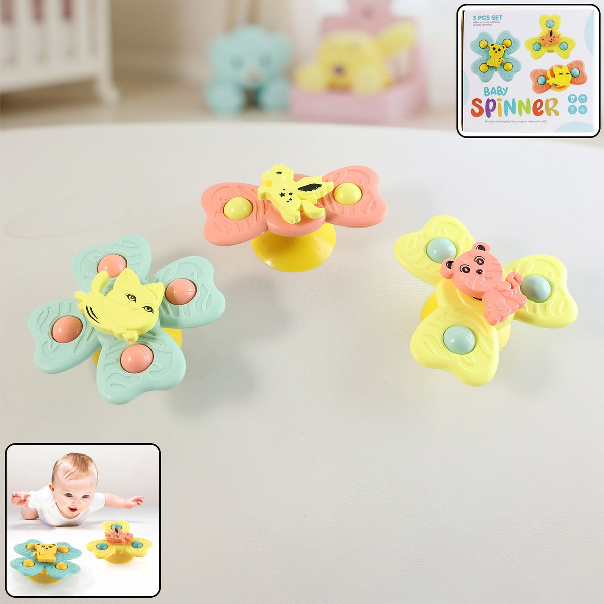 Baby Spinner Toy Set securely attached with suction cup to high chair tray Main image